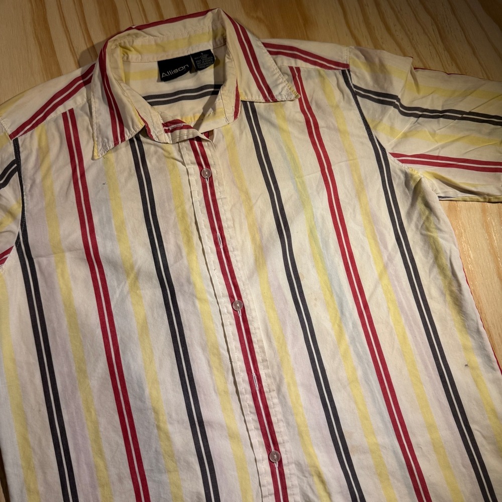 Allison & Co Women's Vintage Striped Short Sleeve Button Up Shirt Yellow Red S